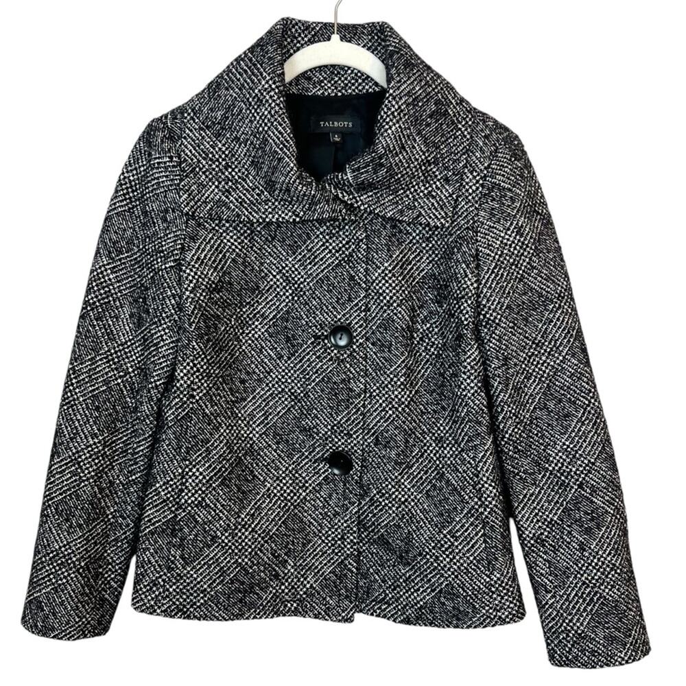 Talbots Wool Blend Tweed Blazer Jacket Black White sz 6 Wide Collar Winter Cozy